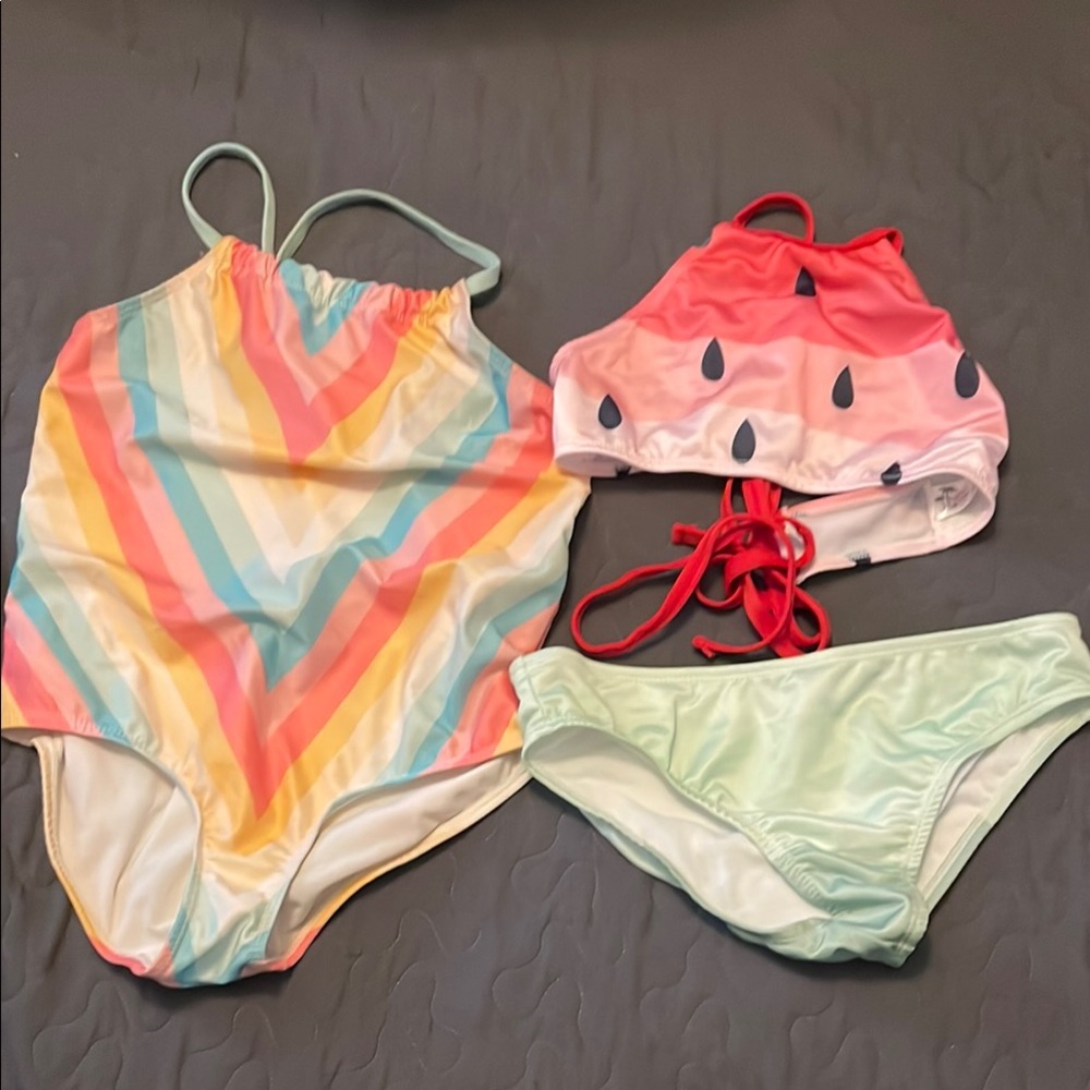 Lot of 2 girls Colorful Striped Kids Swim One Piece and watermelon bikini